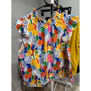 Emery Rose Multi Color Abstract Print High Neck Flutter Sleeve XL